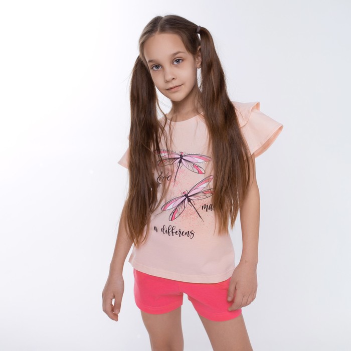 Комплект для девочки (футболка/шорты), цвет персиковый/коралловый, рост 116 см