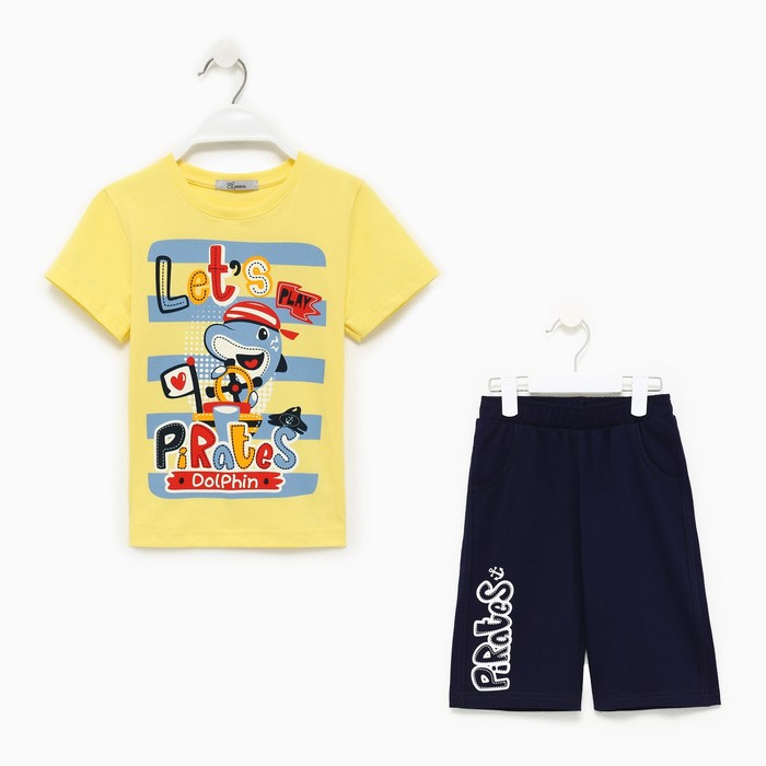 Комплект для мальчика (футболка/шорты), цвет светло-жёлтый/тёмно-синий, рост 104 см