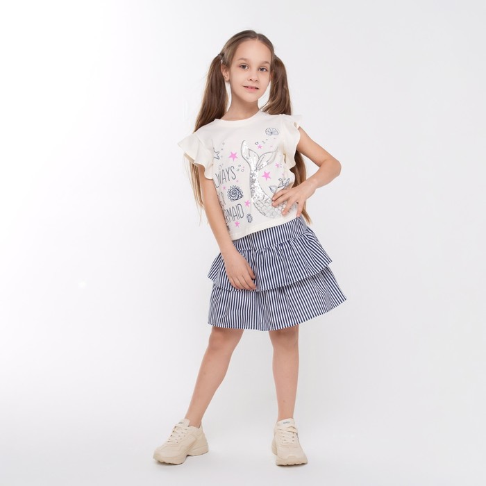 Комплект для девочки (футболка/юбка), цвет светло-бежевый/синий, рост 128 см комплект футболка юбка для девочки цвет светло бежевый розовый рост 128 см