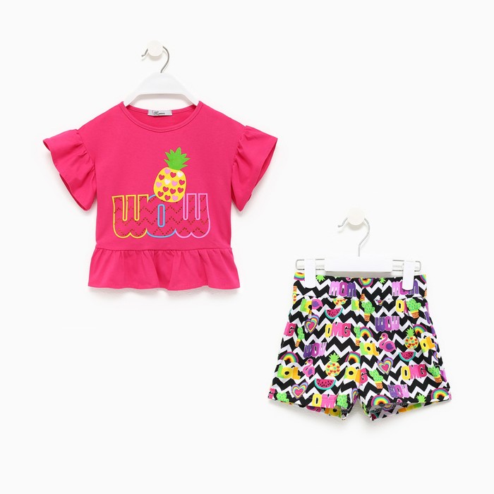 Комплект для девочки (футболка/шорты), цвет фуксия/разноцветный, рост 134 см