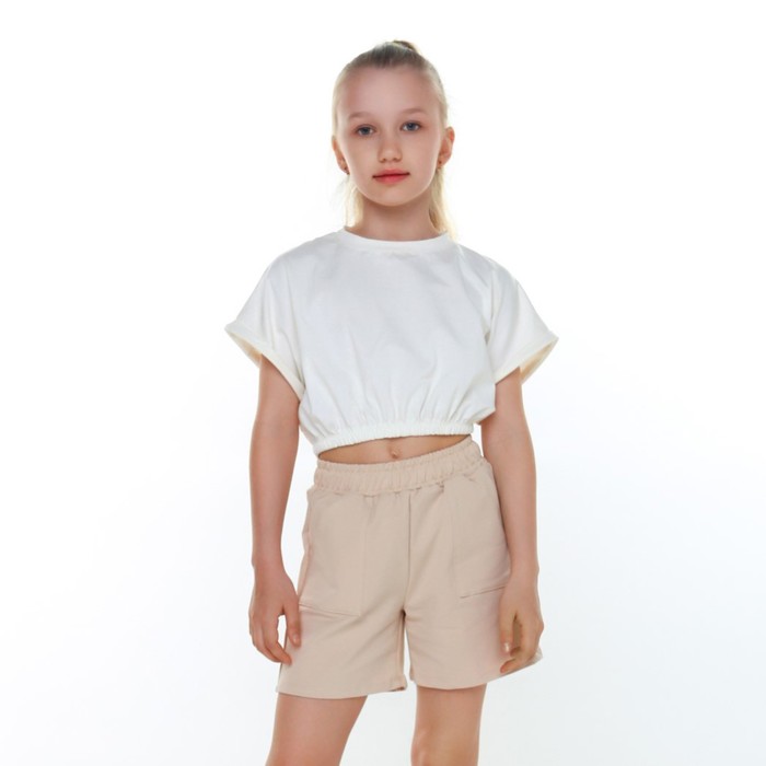 Костюм для девочки (футболка/шорты), цвет молочный, рост 152 см