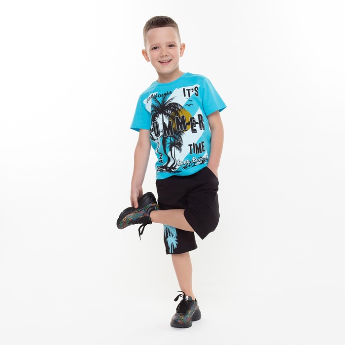 Комплект (футболка/шорты) для мальчика, цвет бирюзовый/чёрный, рост 104