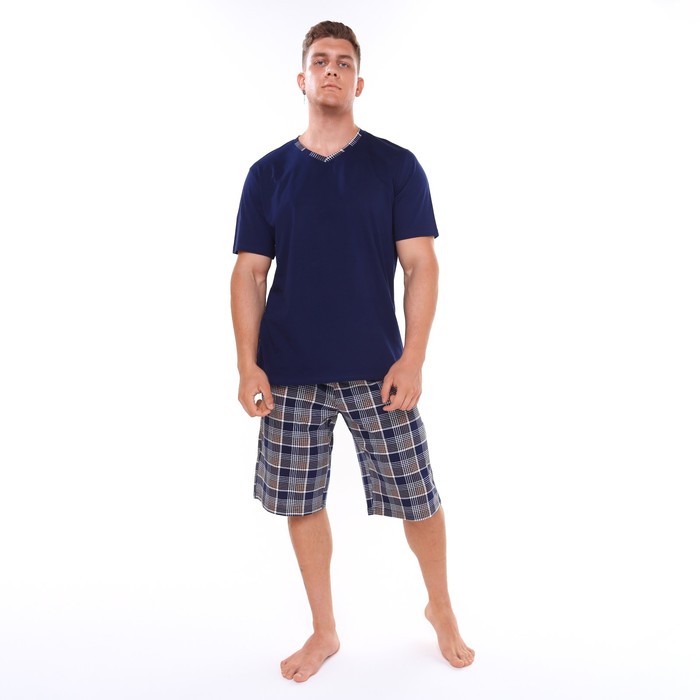 Комплект (футболка/шорты) мужской, цвет синий/клетка, размер 62