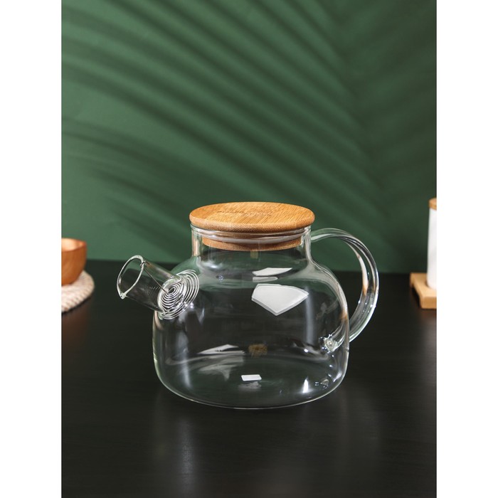 фото Чайник стеклянный заварочный с бамбуковой крышкой и металлическим фильтром magistro «эко», 1 л