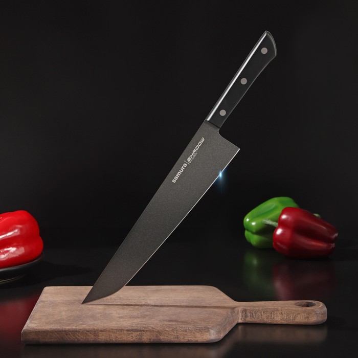 Нож кухонный Samura SHADOW, с покрытием Black-coating, 25 см, шеф, AUS-8 фото