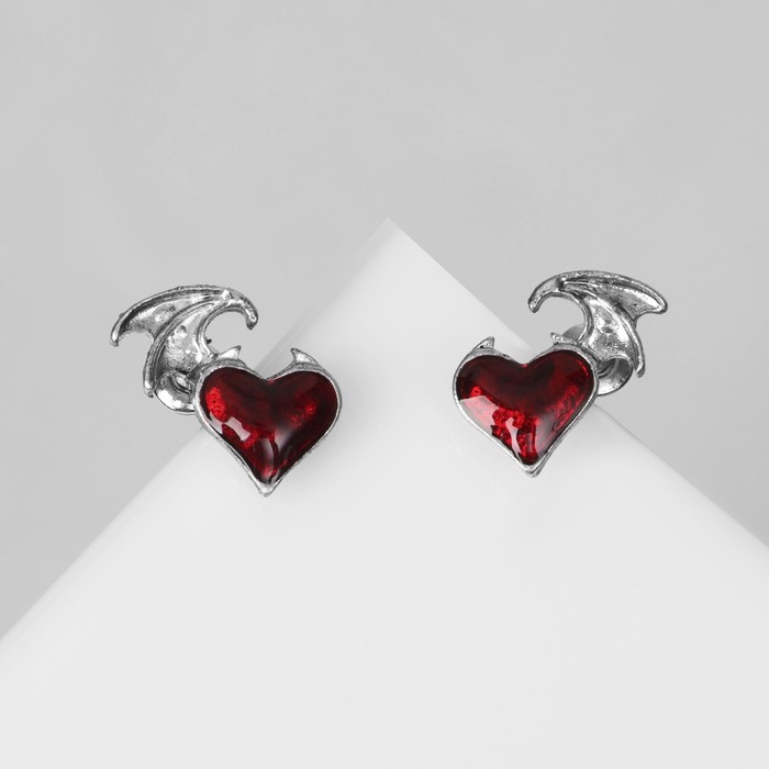 Серьги эмаль «Дьяволёнок» сердце, цвет красный в серебре