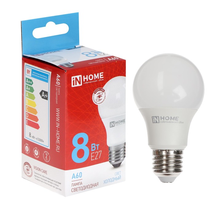 Лампа светодиодная IN HOME LED-A60-VC, Е27, 8 Вт, 230 В, 6500 К, 760 Лм