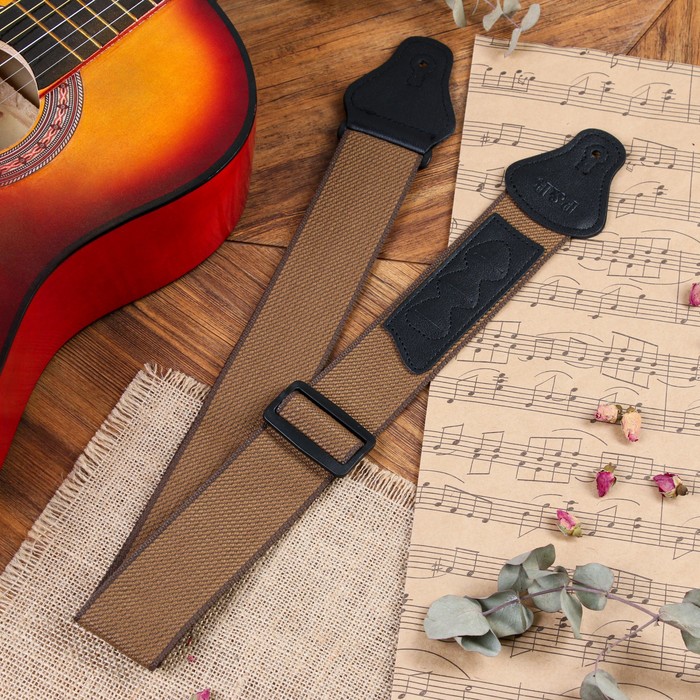Ремень для гитары Music Life, коричневый с кармашком для медиаторов, 90-145 см, ширина 5 см