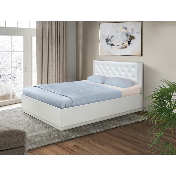 Кровать «Венеция 12.3», 1400×2000 мм, ЛДСП белый, МДФ ясень кремовый матовый, кожзам белый