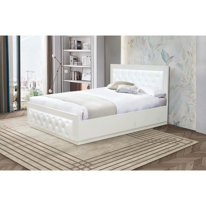 Кровать с ПМ «Венеция 13.1», 1400×2000 мм, ЛДСП белый, МДФ ясень кремовый, кожзам белый 46076