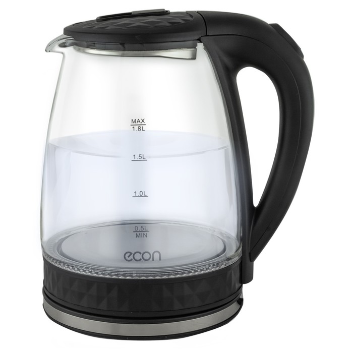 Чайник ECO-1828KE, стекло, электрический, 1.8 л, 1500 Вт, цвет чёрный