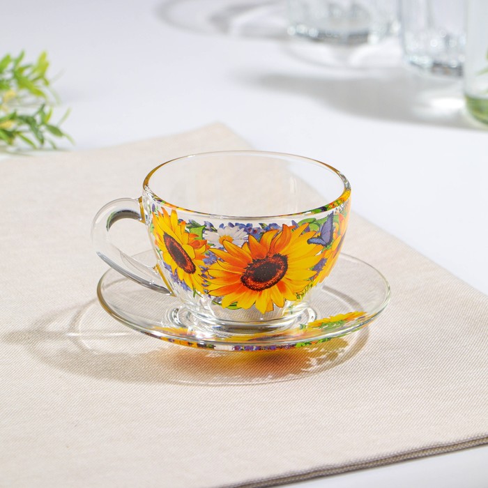 Чайная пара «Подсолнух»,стеклянная, чашка+блюдце, 200 мл, d=92 мм чайная пара аура чашка 200 мл блюдце d 13 см цвет бежевый