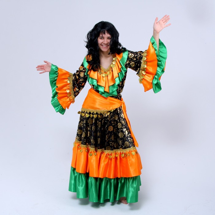 Русский костюм женскийЦыганкаоранжево-зеленая,блузка,юбка,косынка,парик,р-р 44-46 рост170