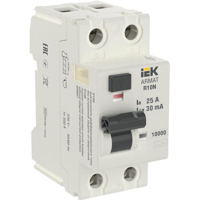Выключатель дифференциального тока IEK AR-R10N-2-025A030 2п, 25А, 30мА, тип A выключатель дифференциального тока abb узо f202 40 0 03 40 ампер 30ма 2csf202101r1400 2 х полюсное тип a