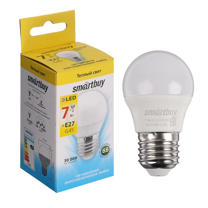 Лампа cветодиодная Smartbuy, G45, Е27, 7 Вт, 3000 К, теплый белый свет лампа cветодиодная smartbuy e27 a60 9 вт 3000 к теплый белый свет