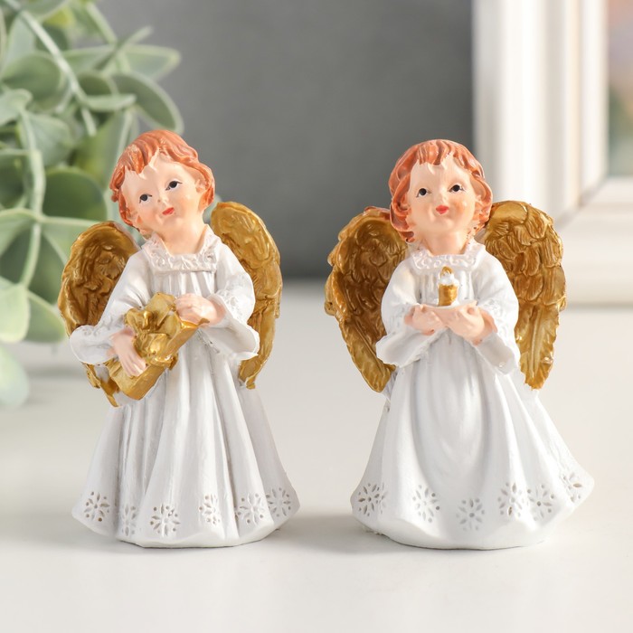 Сувенир полистоун Праздничный ангел в белом платье золотые крылья МИКС 5х3,5х7,5 см