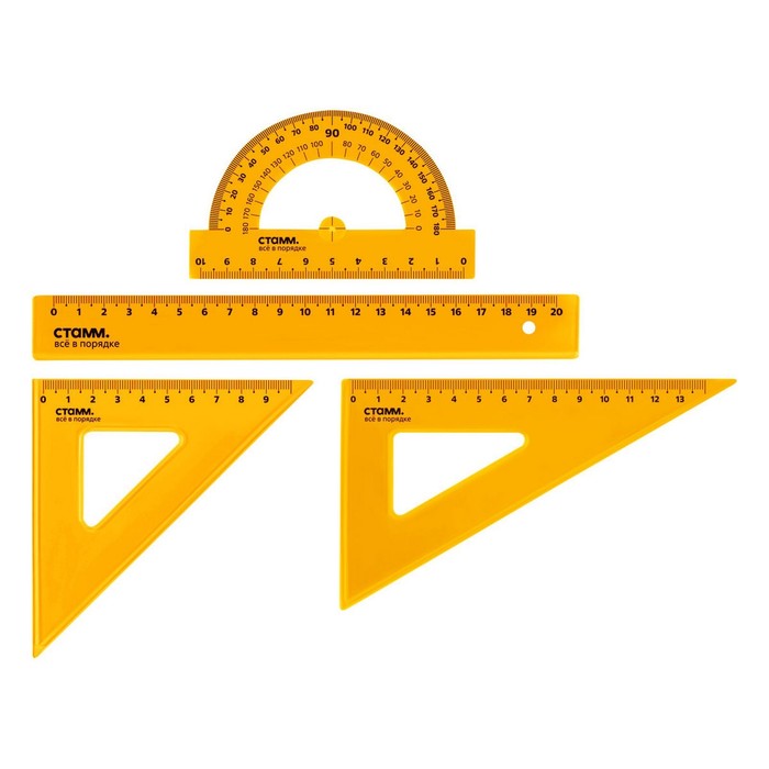 Набор чертежный Стамм средний (линейка 20 см, 2 треугольника, транспортир), прозрачный, неоновые цвета, МИКС