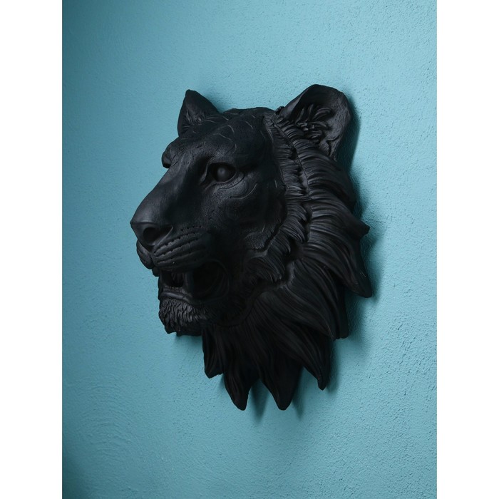 Настенная фигура Голова льва, полистоун, 50 см, чёрный матовый, Иран, 1 сорт