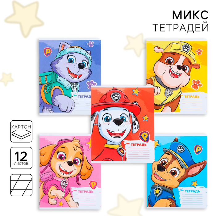 Тетрадь 12 листов, 5 видов МИКС, косая линия, Paw Patrol