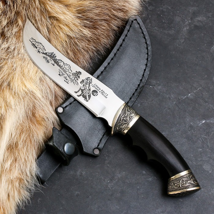 Нож кавказский Охотник с ножнами, гарда -мельхиор, сталь - 65х13, рукоять - граб нож кавказский север с ножнами сталь 65х13 рукоять бук