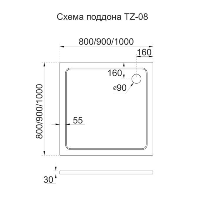 

Поддон душевой Veconi Tezeo TZ08-80K-01-19C3, 800х800х30 мм, квадратный, белый