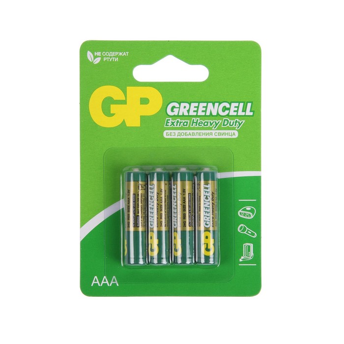 цена Батарейка солевая GP Greencell Extra Heavy Duty, AAA, R03-4BL, 1.5В, блистер, 4 шт.