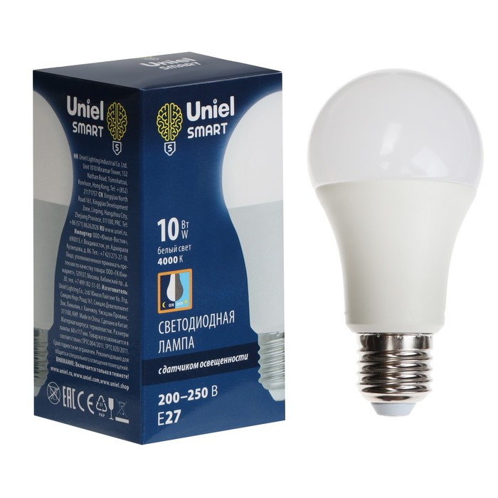 фото Светодиодная лампа uniel, led-a60-10w, 4000 k, e27, ps, pls10wh, датчик освещенности