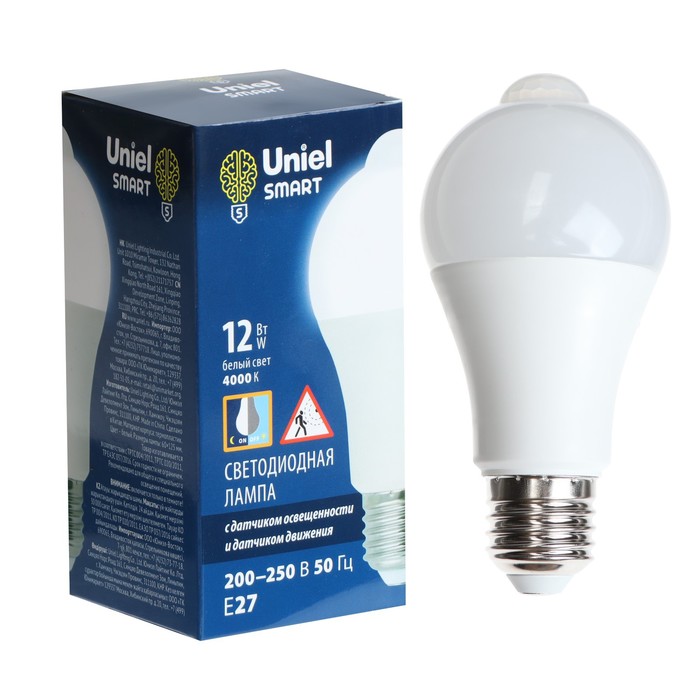 Светодиодная лампа Uniel, LED-A60-12W, 12 Вт, 4000 K, E27,PLS10WH, датчик освещенности, движ лампа led a60 с дат движ и освещенности 12w 4000k e27 uniel