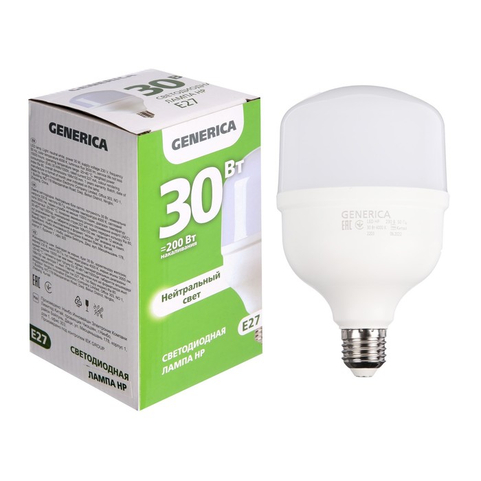 Лампа светодиодная GENERICA HP, 30 Вт, 4000 К, E27, 230 В, LL-HP-30-230-40-E27-G