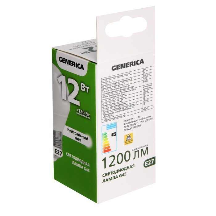 

Лампа светодиодная GENERICA G45, 12 Вт, шар, 4000 К, E27, 230 В, LL-G45-12-230-40-E27-G