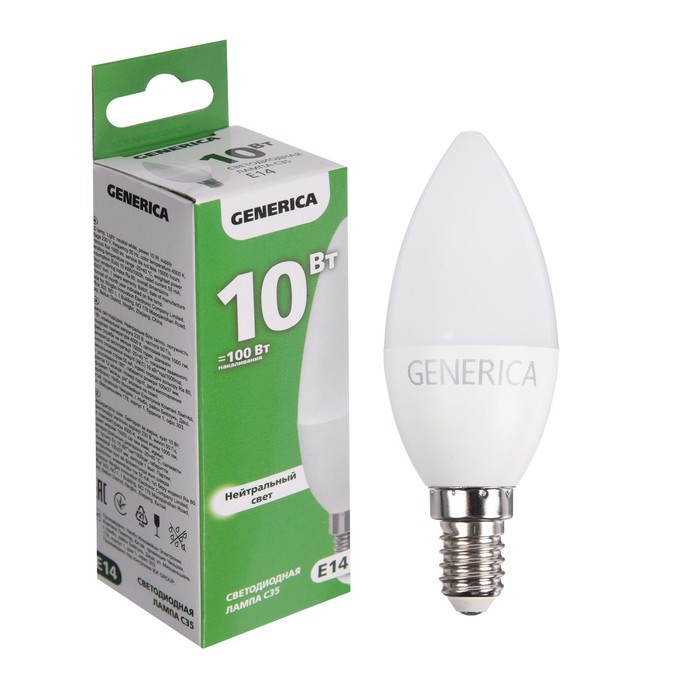 Лампа светодиодная GENERICA C35, 10 Вт, свеча, 4000 К, E14, 230 В, LL-C35-10-230-40-E14-G