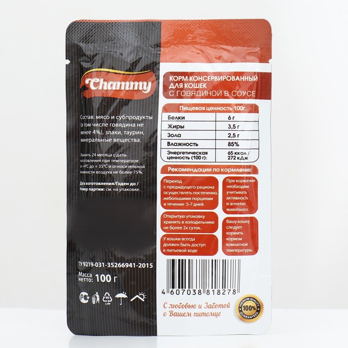 

Влажный корм Chammy для кошек, говядина, кусочки в соусе, пауч, 100 г