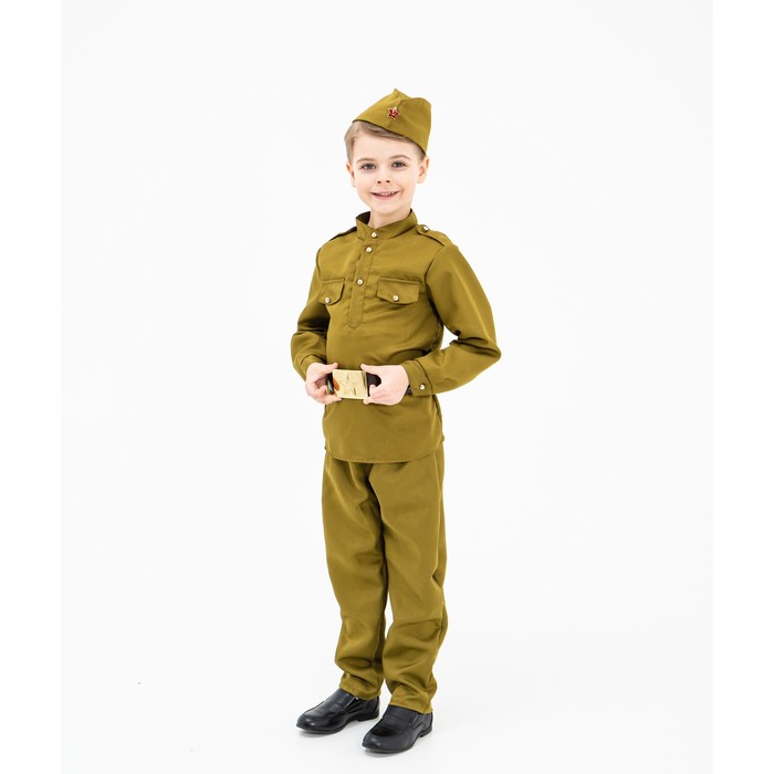 Маскарадный костюм военного для мальчика с  пилоткой,ремень,габардин,п/э,р. 32, рост 122-128