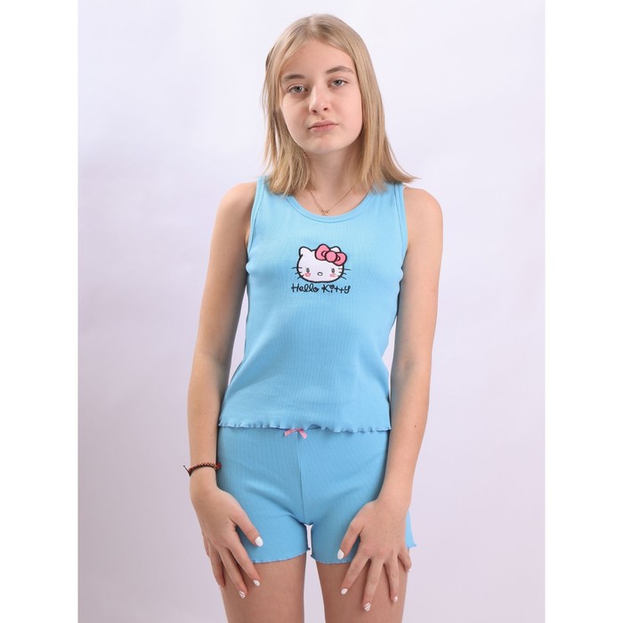 Комплект для девочки: майка, шорты, рост 128 см, цвет голубой
