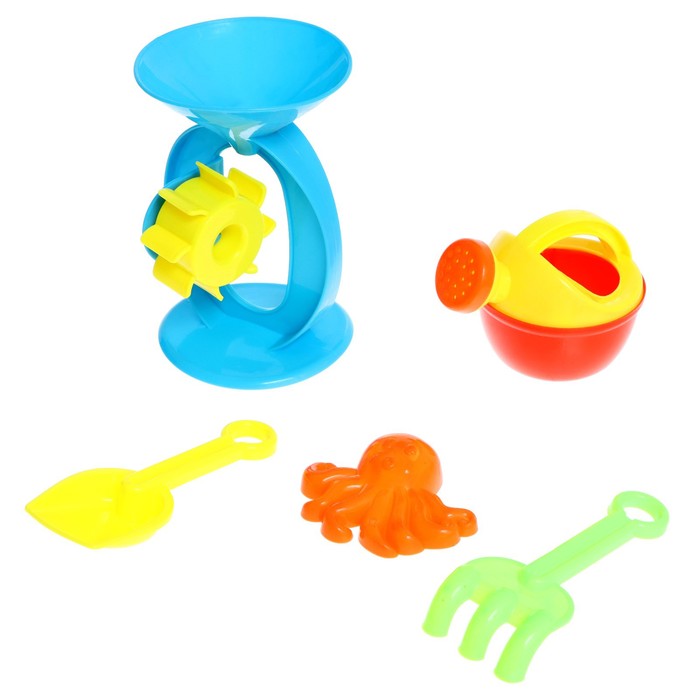 фото Песочный набор в сетке «мельница-15»: 3 лопатки, грабли, лейка, формочки 3 шт., микс рыжий кот