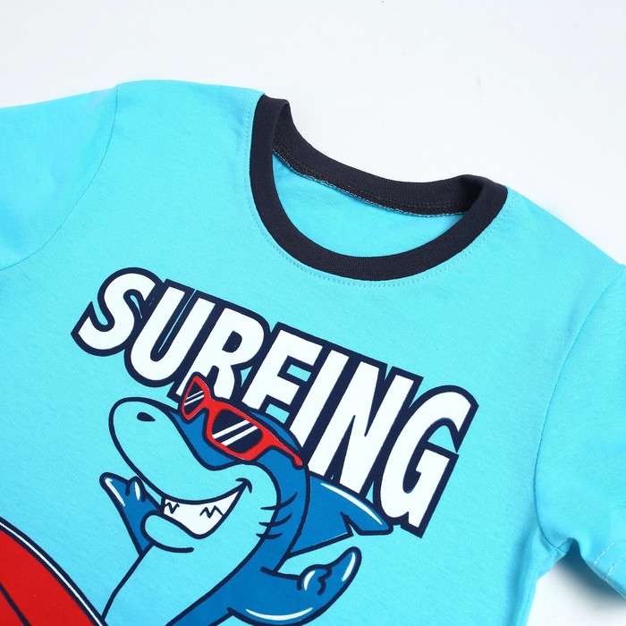 фото Комплект (футболка/шорты) акула для мальчика, цвет голубой/серый, рост 98-104 см рид