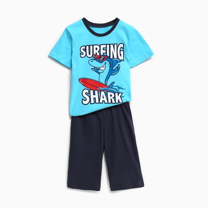 Комплект (футболка/шорты) Акула для мальчика, цвет голубой/серый, рост 110-116 см