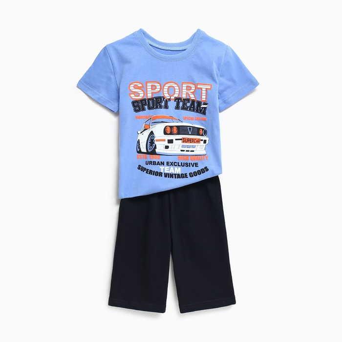 Комплект (футболка/шорты) Машинка для мальчика, цвет голубой/синий, рост 98-104см брюки для мальчика цвет синий алмазы рост 98 104см