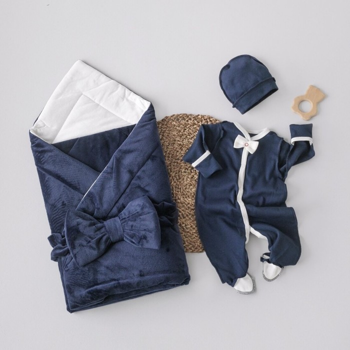 фото Комплект на выписку: конверт, комбинезон, шапочка, бант, рост 50-56 см, цвет синий kinderlitto