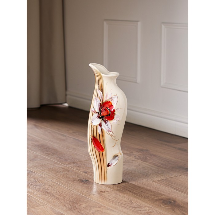 Ваза напольная "Флора" белая, линии, красный цветок, микс