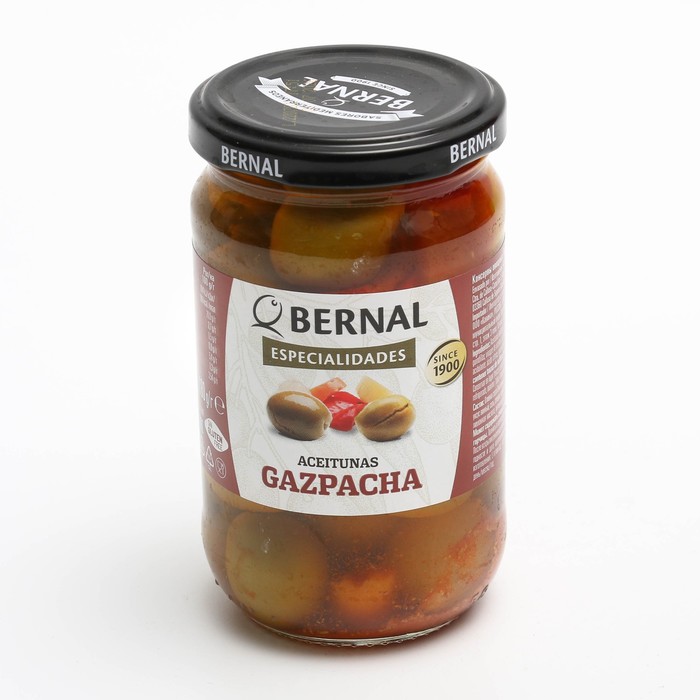 

Оливки GASPACHA (Гаспача) зеленые с перцем и морковью 300г BERNAL