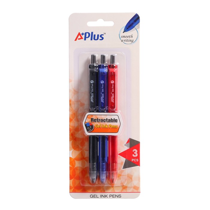 Набор гелевых цветных автоматических ручек 0,7 мм BEIFA "Офис премиум", пластиковый корпус, 3 цвета: синий, черный, красный, с европодвесом