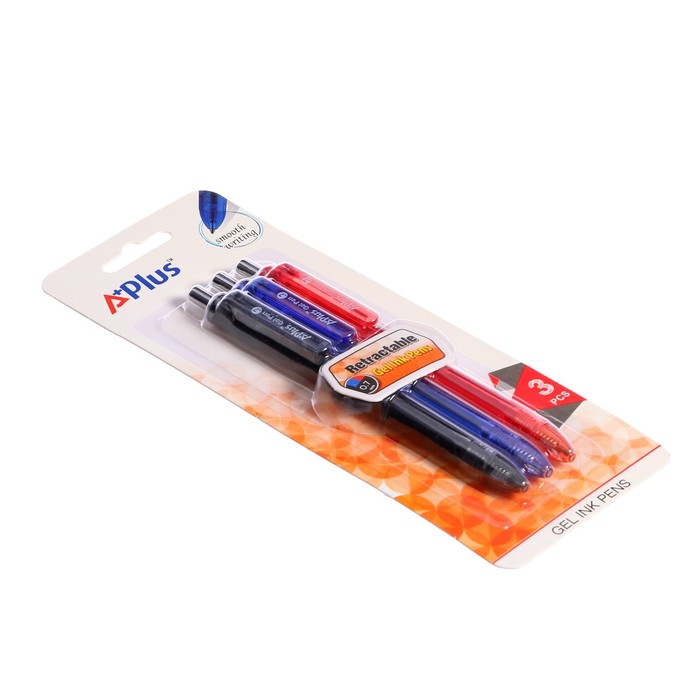 Набор гелевых цветных автоматических ручек 0,7 мм BEIFA "Офис премиум", пластиковый корпус, 3 цвета: синий, черный, красный, с европодвесом