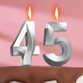 Свеча в торт юбилейная "Грань" (набор 2 в 1), цифра 45 / 54, серебряный металлик, 7.8 см