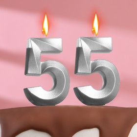 Свеча в торт юбилейная "Грань" (набор 2 в 1), цифра 55, серебряный металлик, 7.8 см