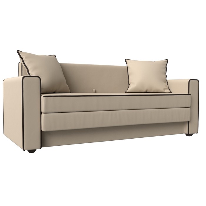 Прямой диван «Лига 012», механизм раскладной, экокожа, цвет бежевый / кант коричневый