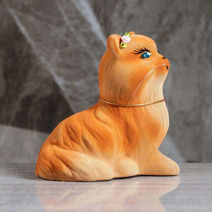 Копилка "Кошка Пушистик" флок, бежевая