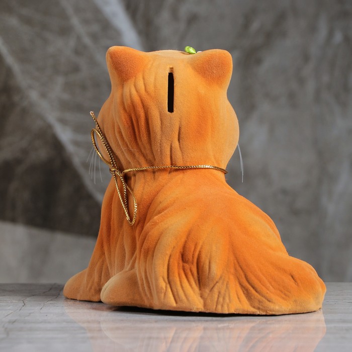 Копилка "Кошка Пушистик" флок, бежевая