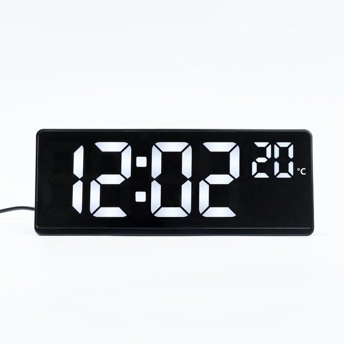 Часы электронные настольные, с будильником, термометром, 2 ААА, белые цифры,17.5 х 6.8 см часы электронные настенные настольные с будильником 36 х 15 х 3 см белые цифры