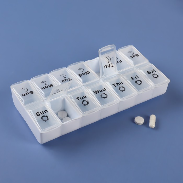 Таблетница-органайзер «Неделька», со съёмными ячейками, английские буквы, утро/вечер, 7 контейнеров по 2 ячейки, цвет белый